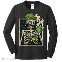 Lucky Saint Patrick's Day Skeleton Drinking Shamrock Coffee Kids Long Sleeve Shirt thumb 0