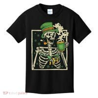 Lucky Saint Patrick's Day Skeleton Drinking Shamrock Coffee Kids T-Shirt thumb 0