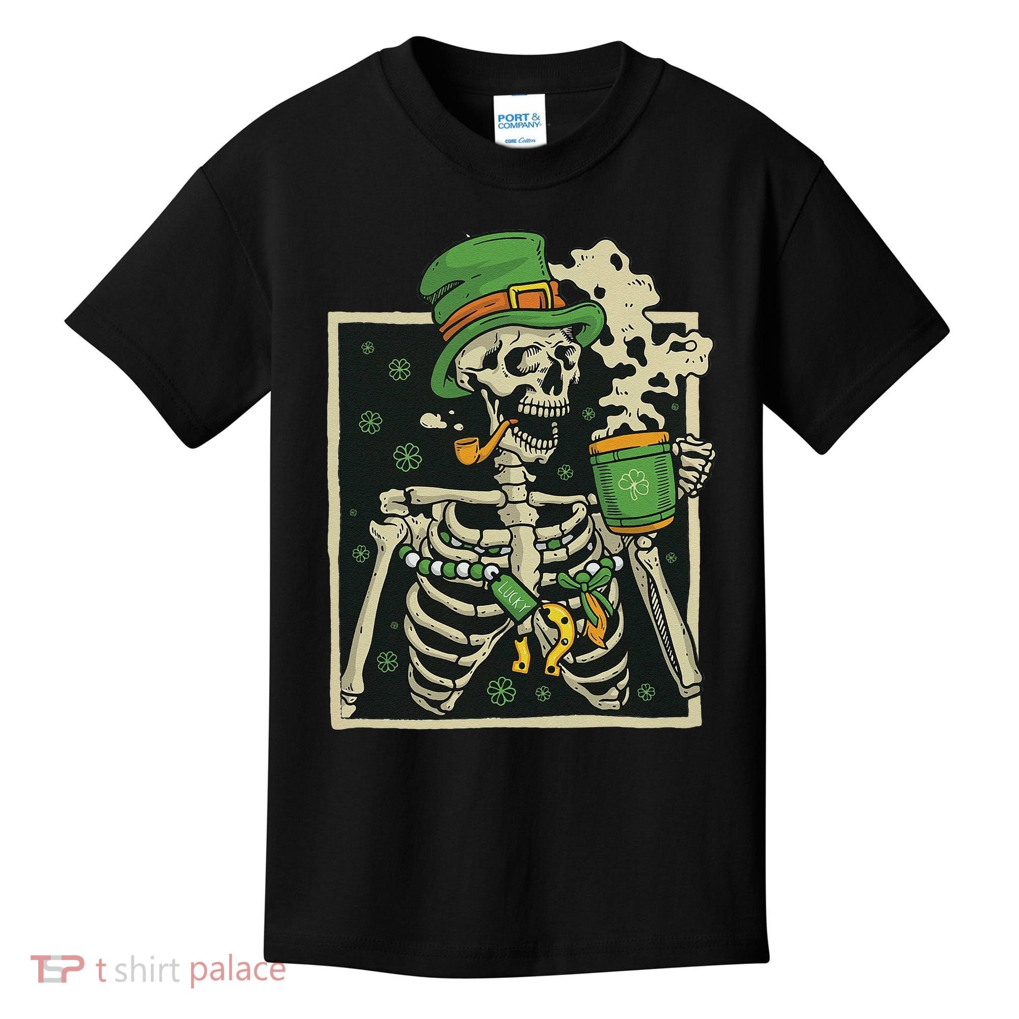 Lucky Saint Patrick's Day Skeleton Drinking Shamrock Coffee Kids T-Shirt