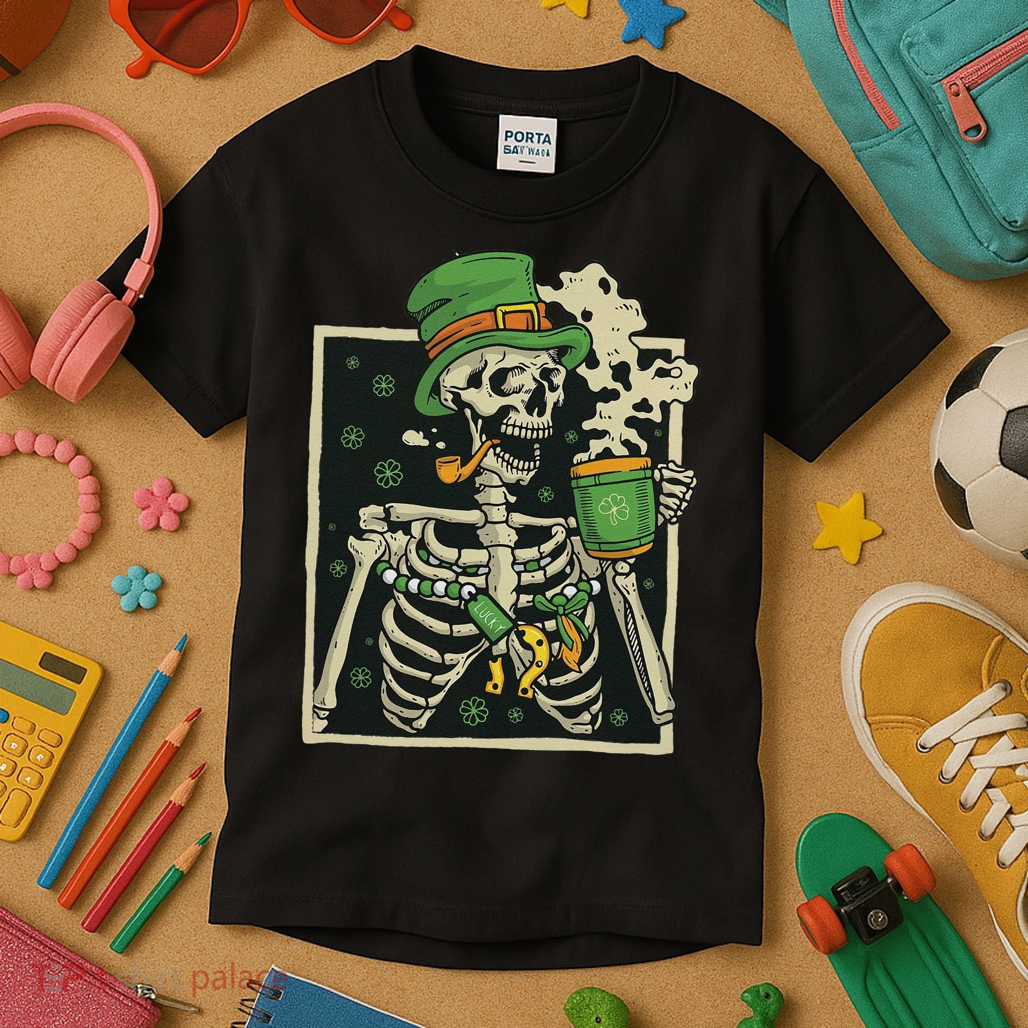 Lucky Saint Patrick's Day Skeleton Drinking Shamrock Coffee Kids T-Shirt