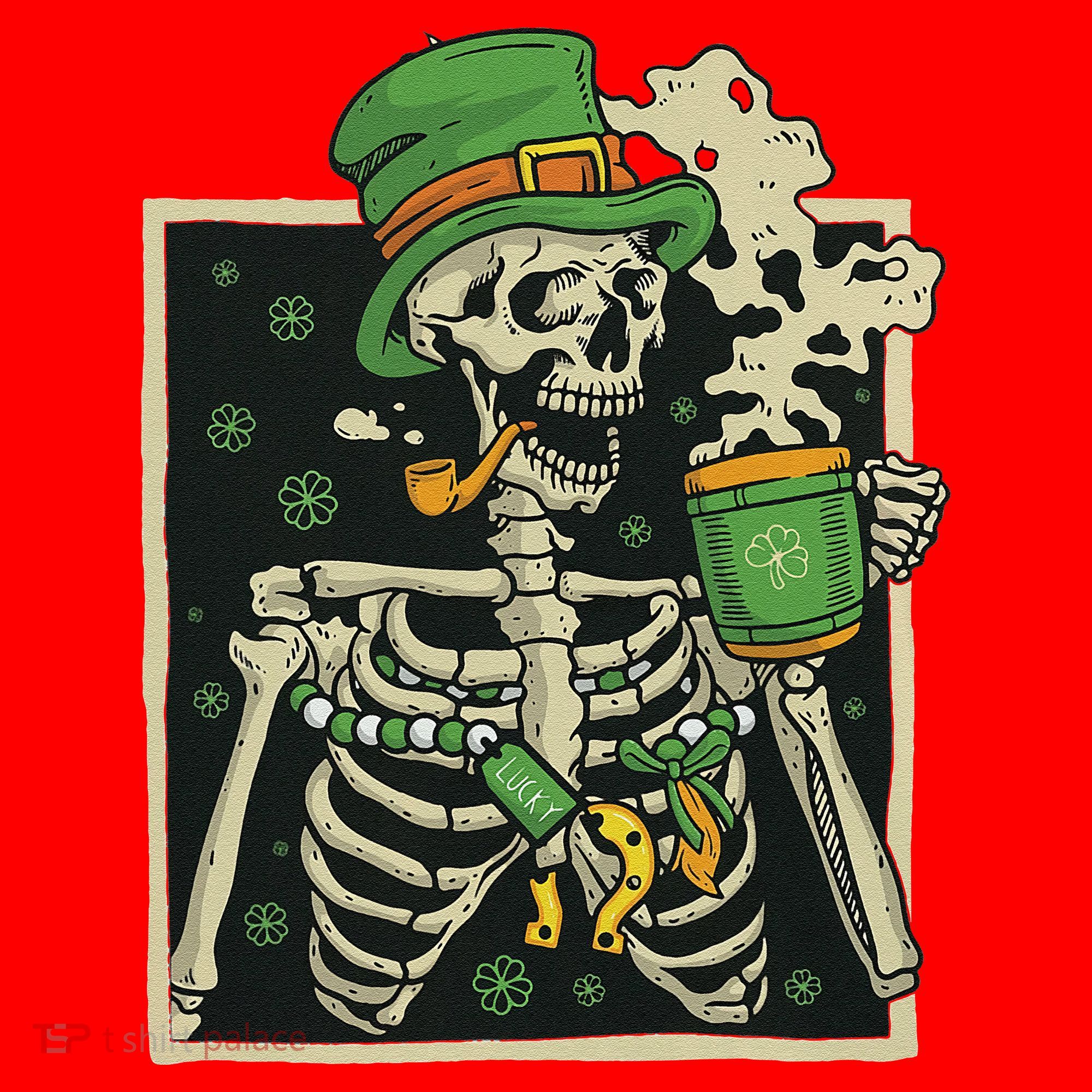 Lucky Saint Patrick's Day Skeleton Drinking Shamrock Coffee Santa Hat