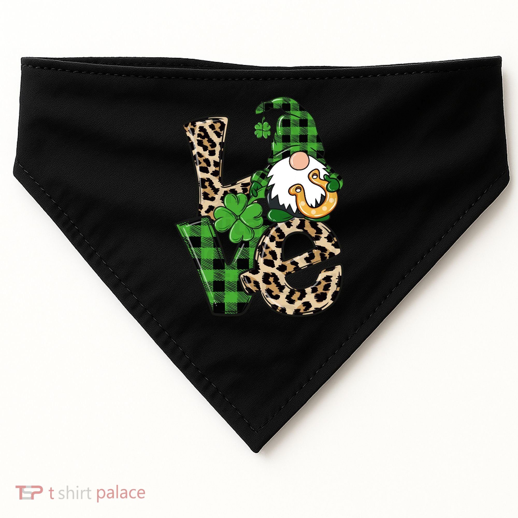 Love St Patricks Day Leopard Checkered Irish Gnome USA-Made Doggie Bandana