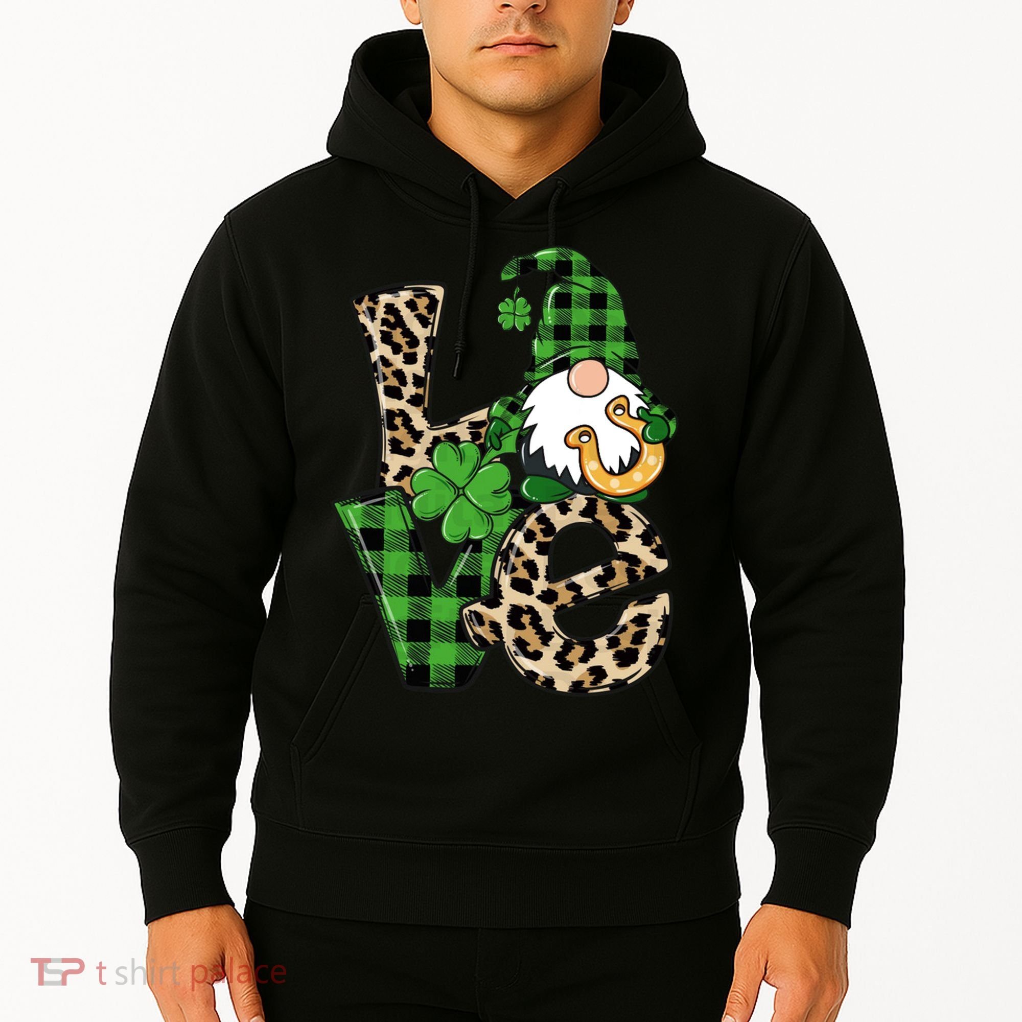Love St Patricks Day Leopard Checkered Irish Gnome Hoodie