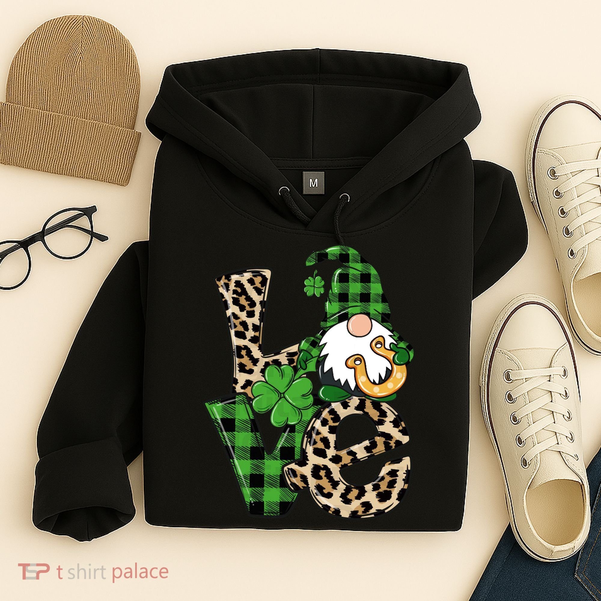 Love St Patricks Day Leopard Checkered Irish Gnome Hoodie