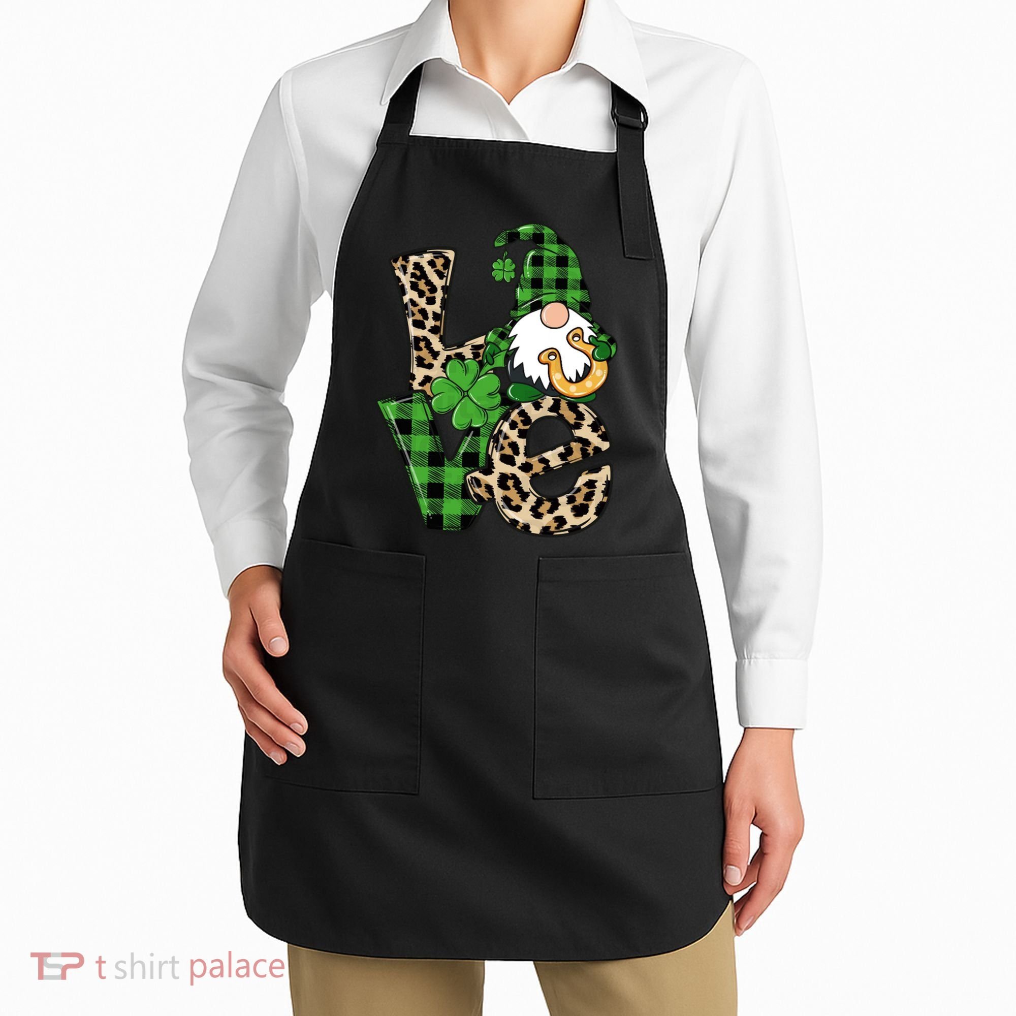 Love St Patricks Day Leopard Checkered Irish Gnome Apron