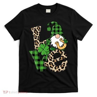 Love St Patricks Day Leopard Checkered Irish Gnome T-Shirt