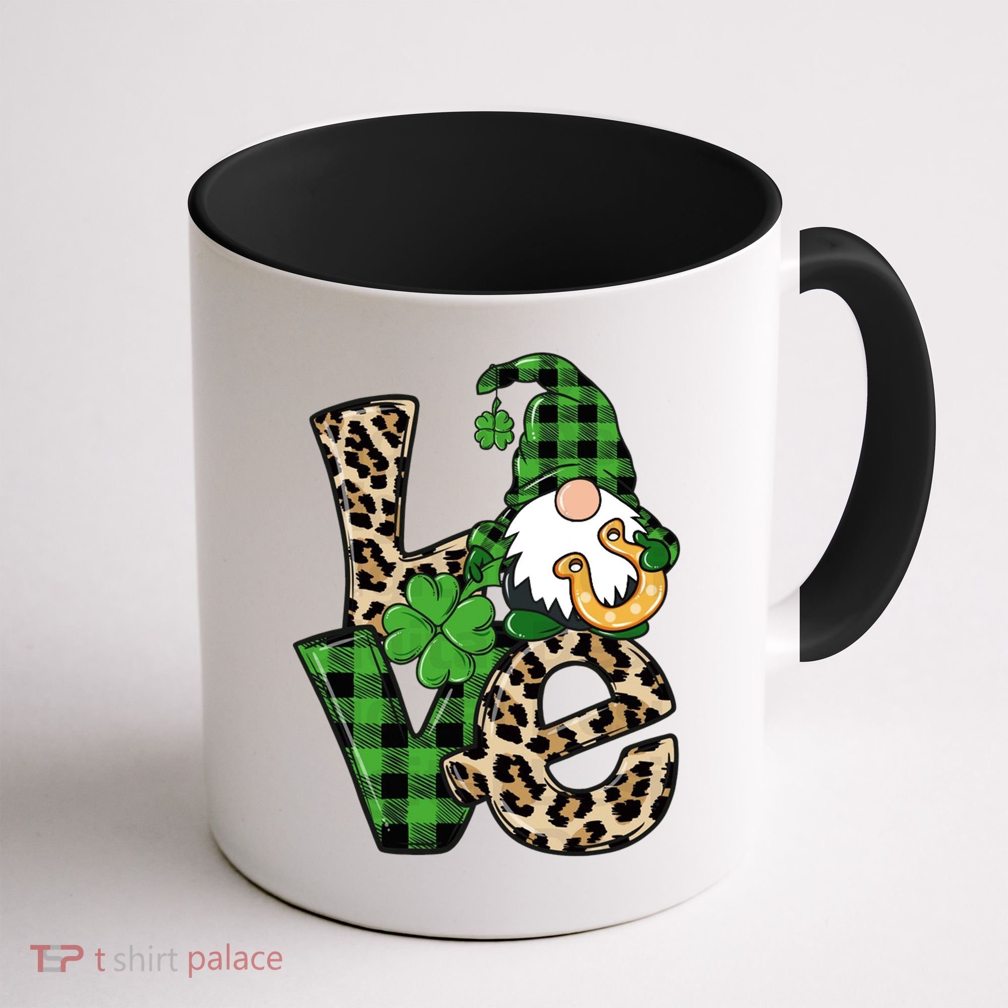 Love St Patricks Day Leopard Checkered Irish Gnome Coffee Mug
