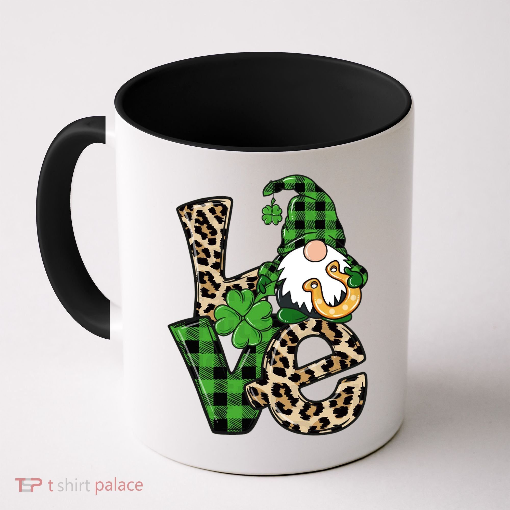 Love St Patricks Day Leopard Checkered Irish Gnome Coffee Mug
