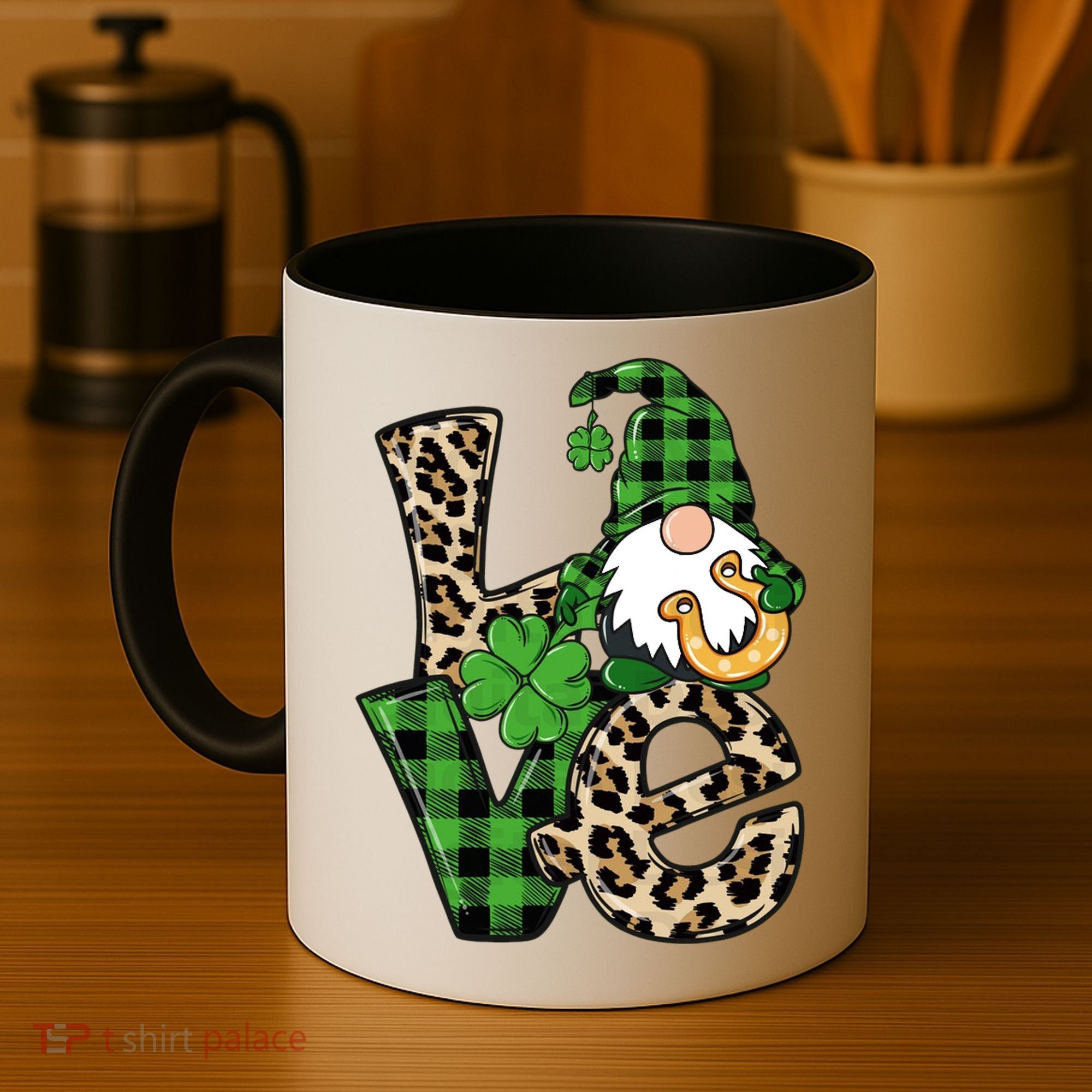 Love St Patricks Day Leopard Checkered Irish Gnome Coffee Mug
