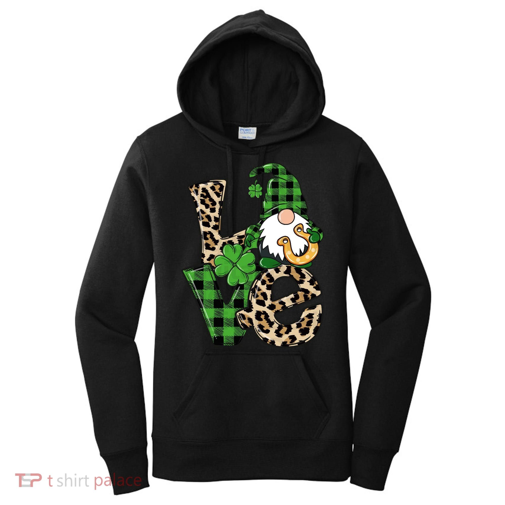 Love St Patricks Day Leopard Checkered Irish Gnome Women's Hoodie