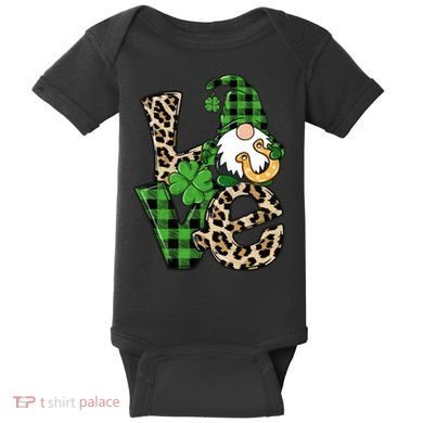 Love St Patricks Day Leopard Checkered Irish Gnome Baby Bodysuit