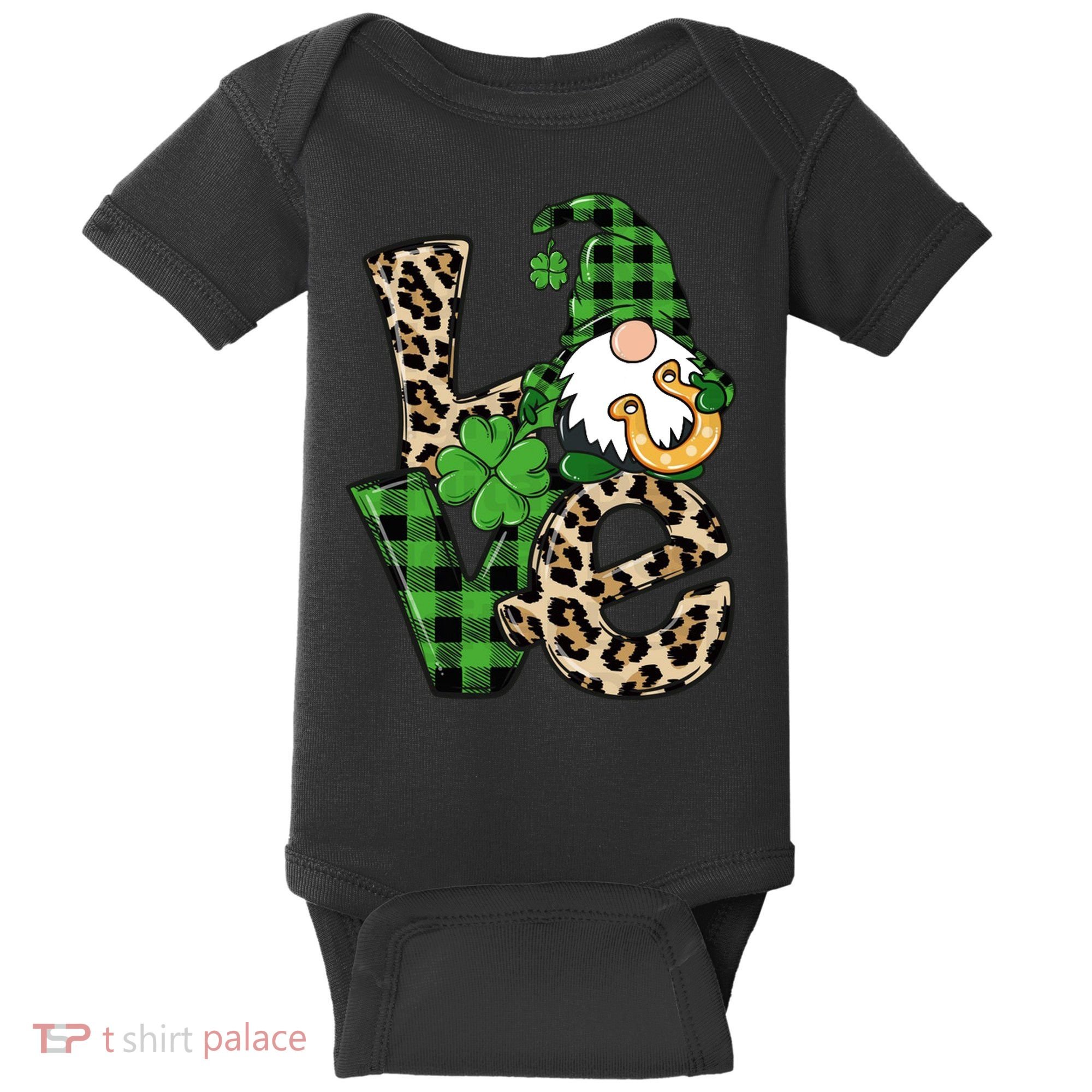 Love St Patricks Day Leopard Checkered Irish Gnome Baby Bodysuit