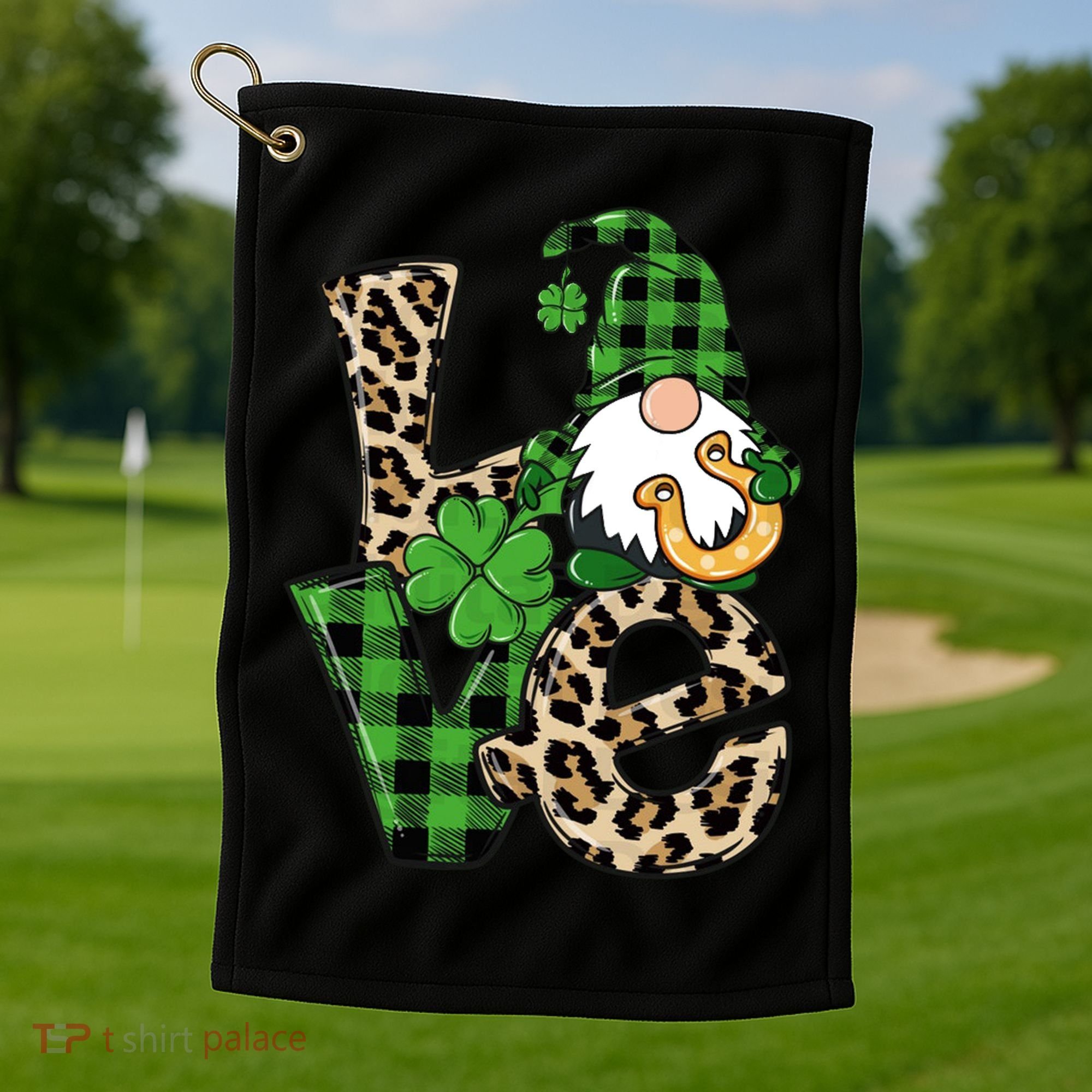 Love St Patricks Day Leopard Checkered Irish Gnome Golf Towel