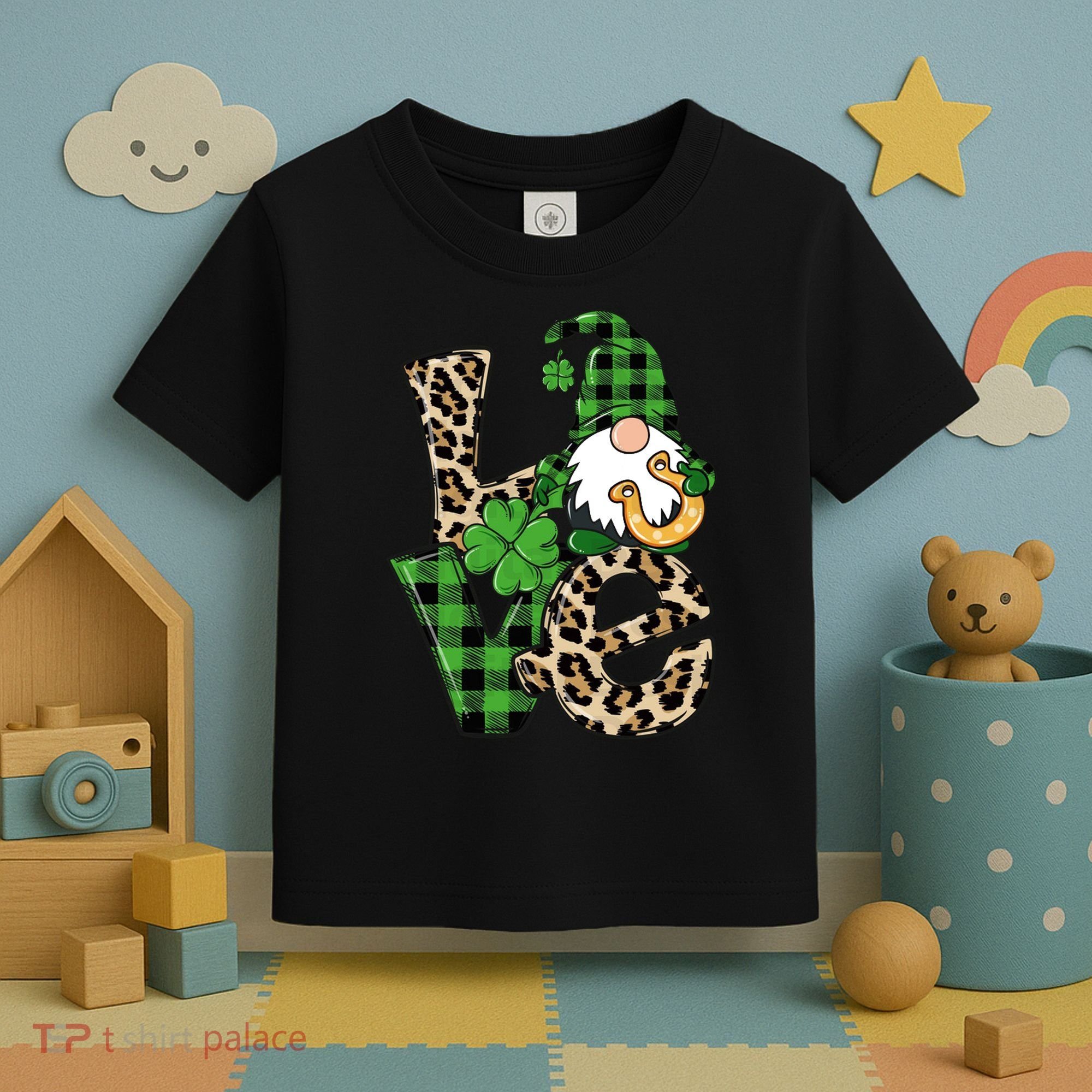 Love St Patricks Day Leopard Checkered Irish Gnome Toddler T-Shirt