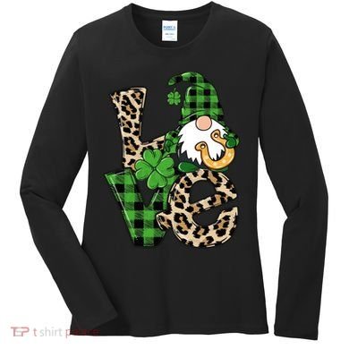 Love St Patricks Day Leopard Checkered Irish Gnome Women's Long Sleeve Shirt