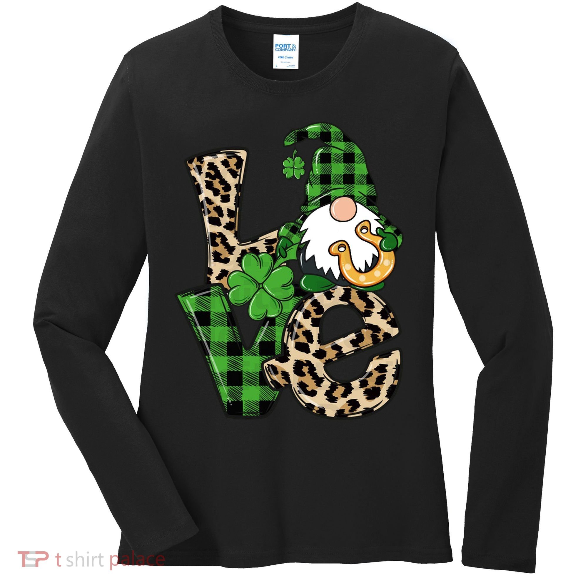 Love St Patricks Day Leopard Checkered Irish Gnome Women's Long Sleeve Shirt