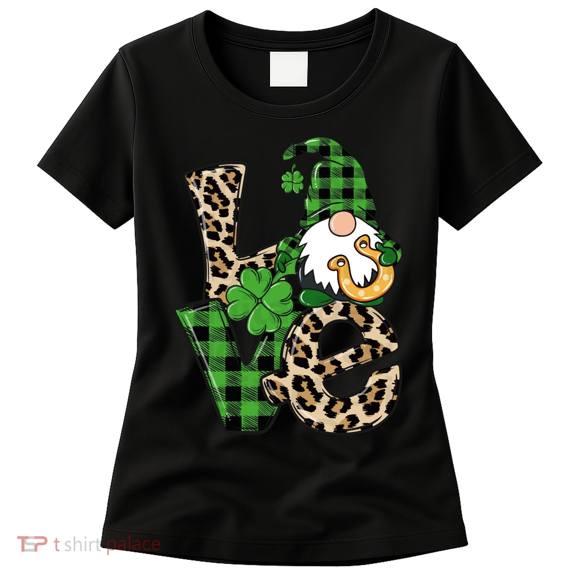 Love St Patricks Day Leopard Checkered Irish Gnome Women's T-Shirt
