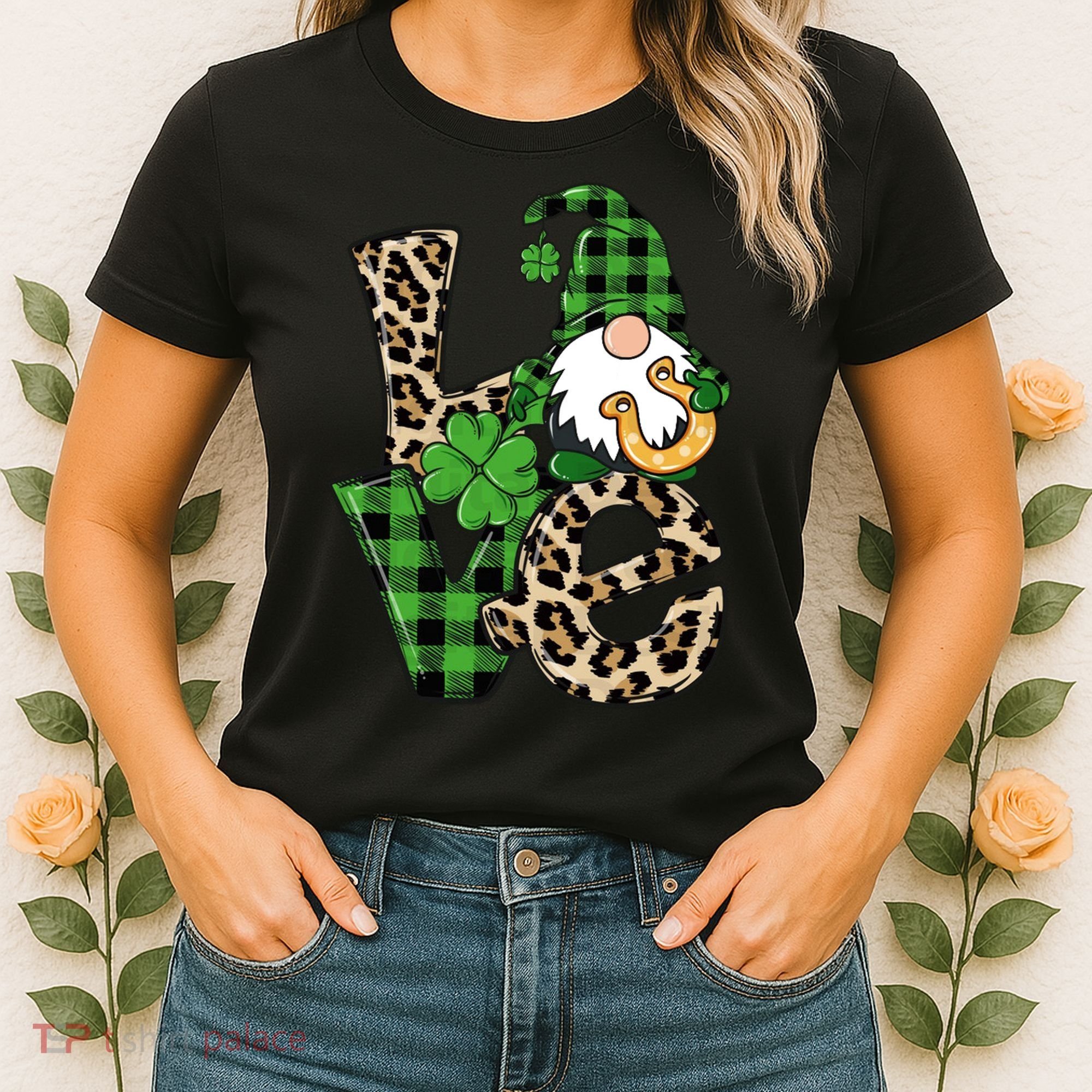 Love St Patricks Day Leopard Checkered Irish Gnome Women's T-Shirt