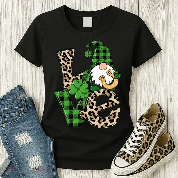 Love St Patricks Day Leopard Checkered Irish Gnome Women's T-Shirt