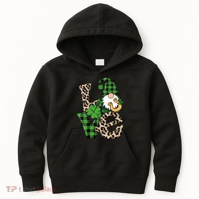 Love St Patricks Day Leopard Checkered Irish Gnome Kids Hoodie