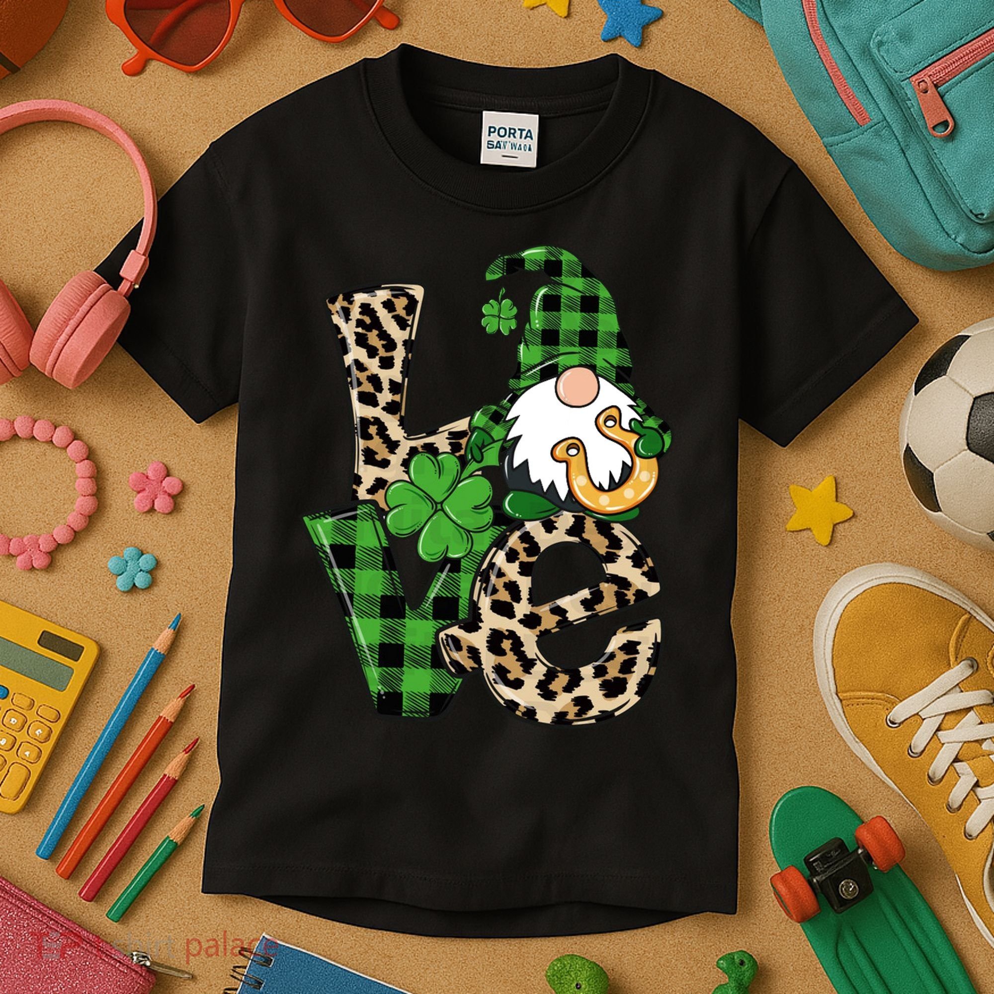 Love St Patricks Day Leopard Checkered Irish Gnome Kids T-Shirt