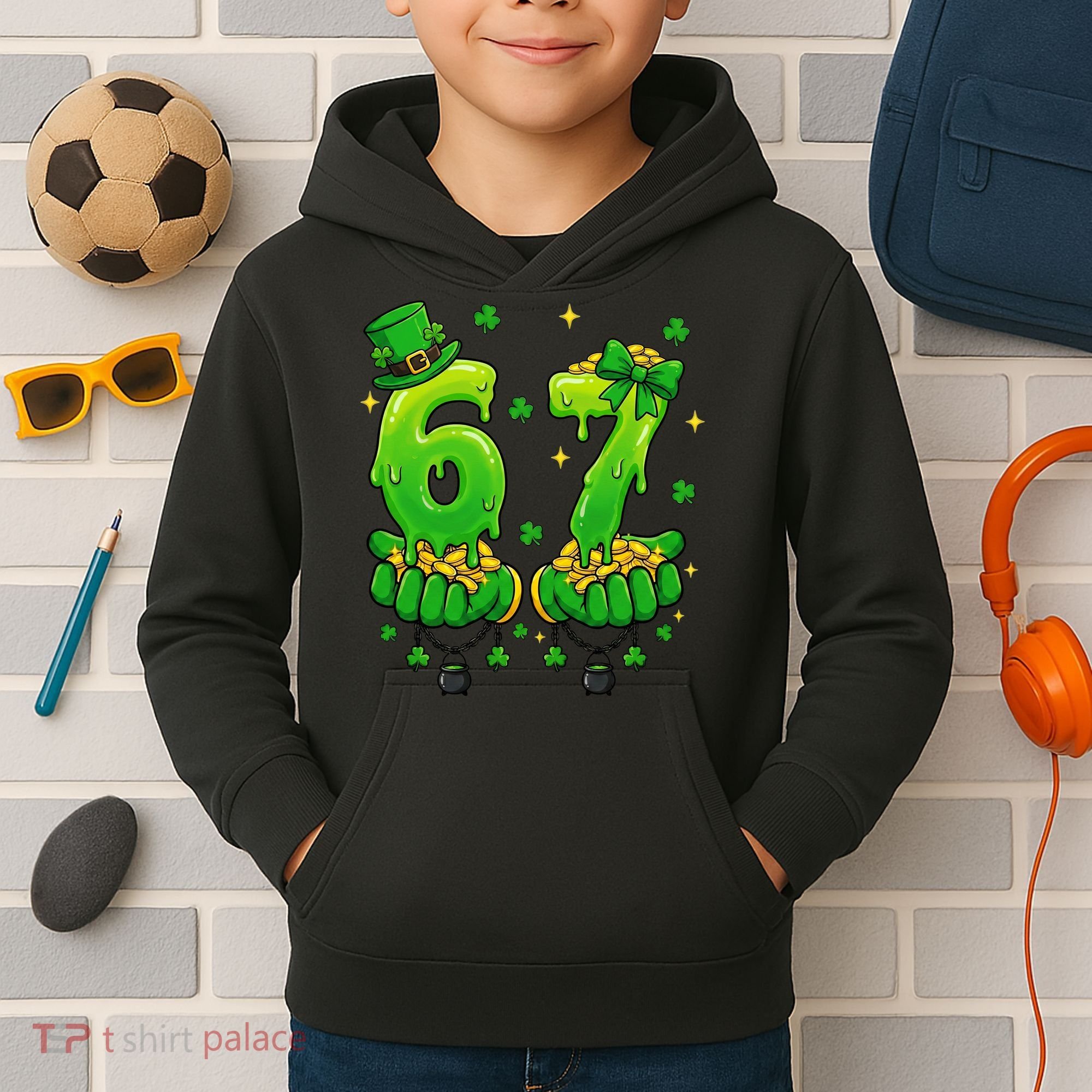 Lucky St Patrick's Day 67 Six Seven Drip Hands Kids Hoodie