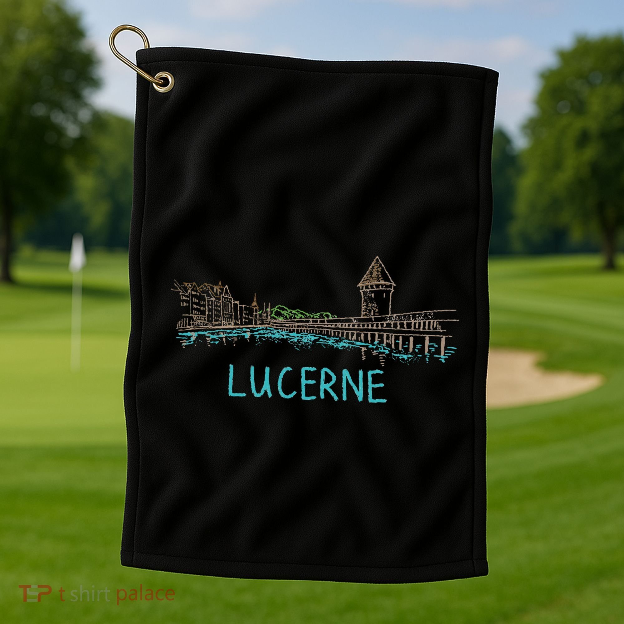 Lucerne Switzerland Unique Hand Drawn Art Gift Golf Towel