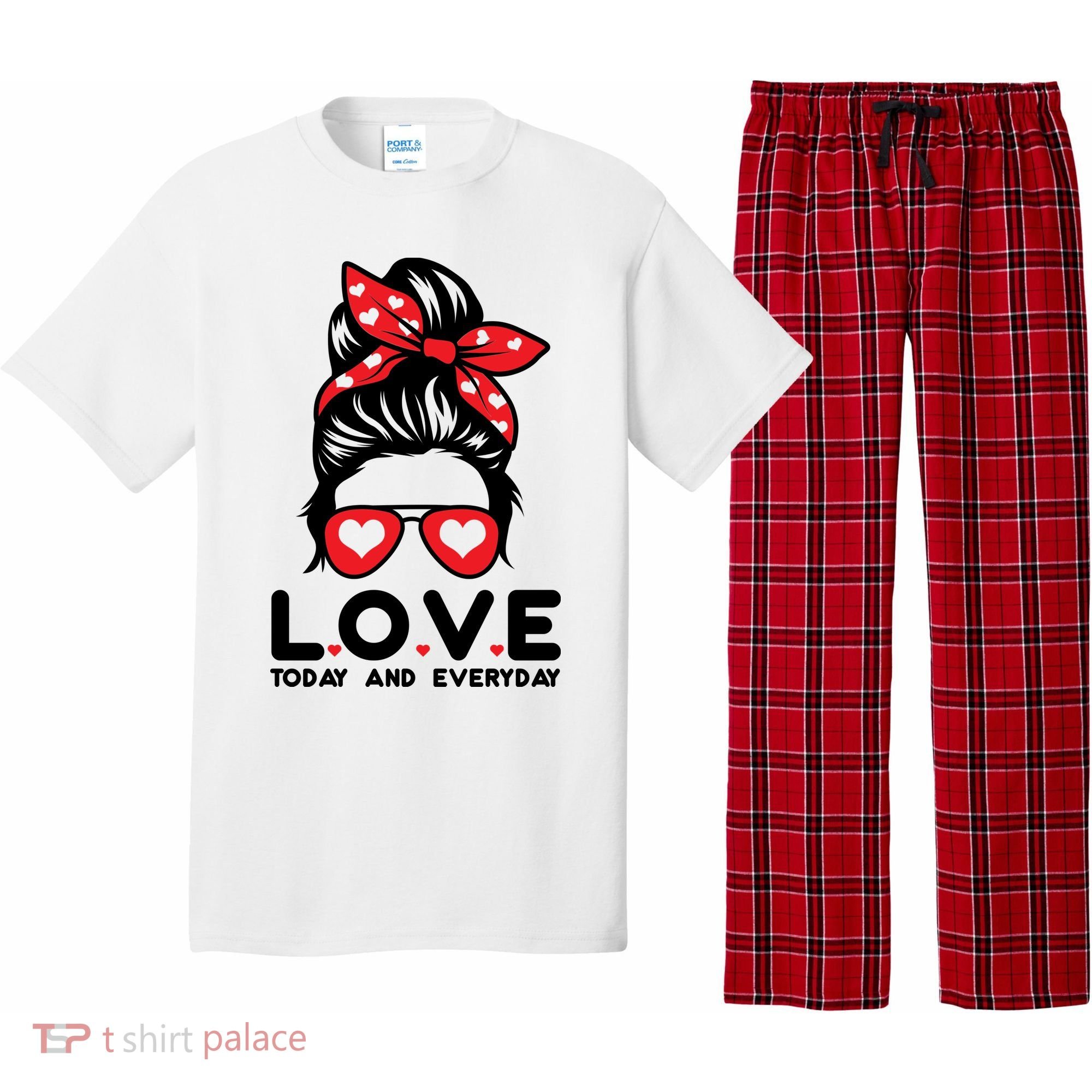 Love Today And Everyday Cute Valentine Hair Bun Pajama Set