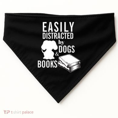 Library Themed Easily Distracted By Books And Dogs Gift USA-Made Doggie Bandana