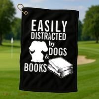 Library Themed Easily Distracted By Books And Dogs Gift Golf Towel thumb 1