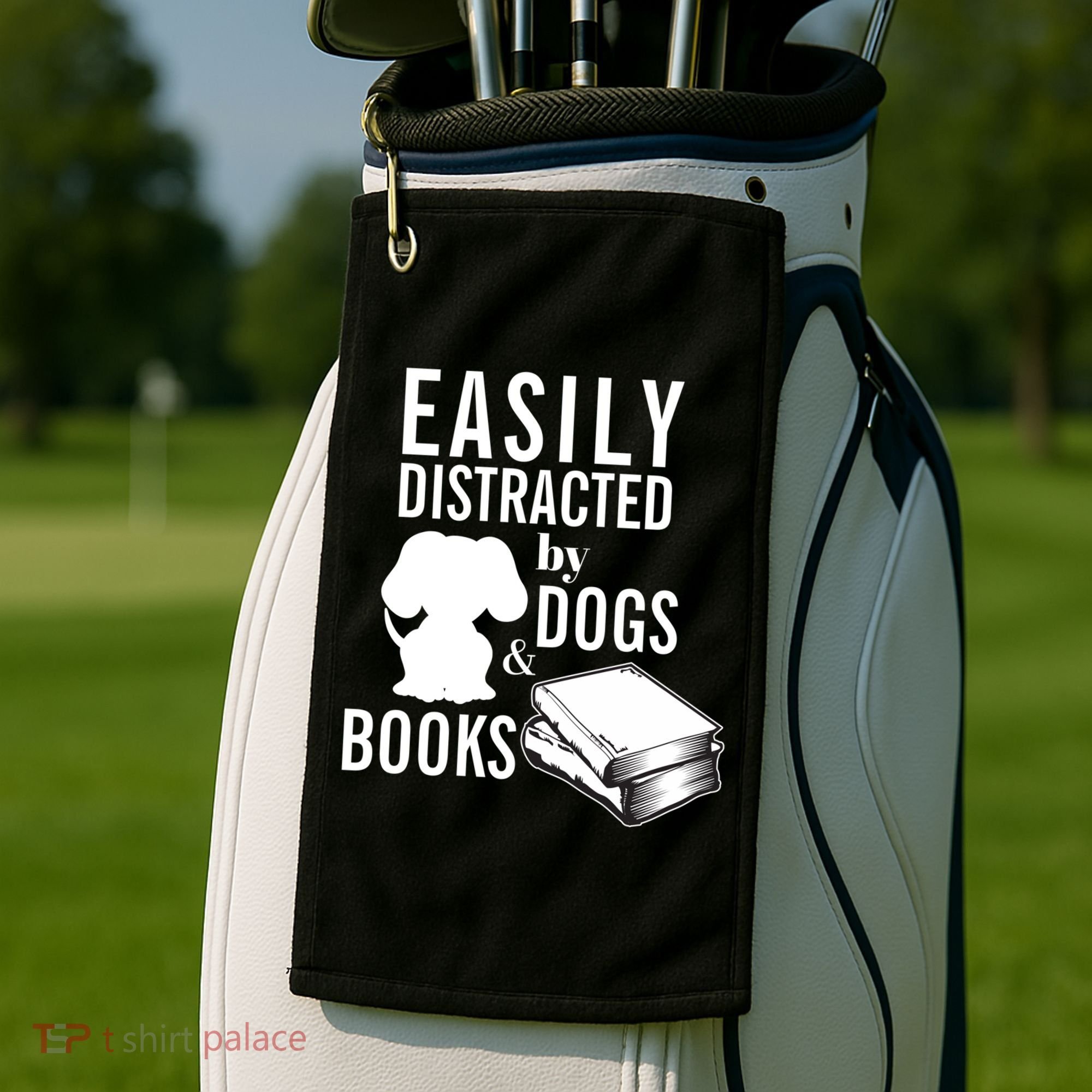 Library Themed Easily Distracted By Books And Dogs Gift Golf Towel