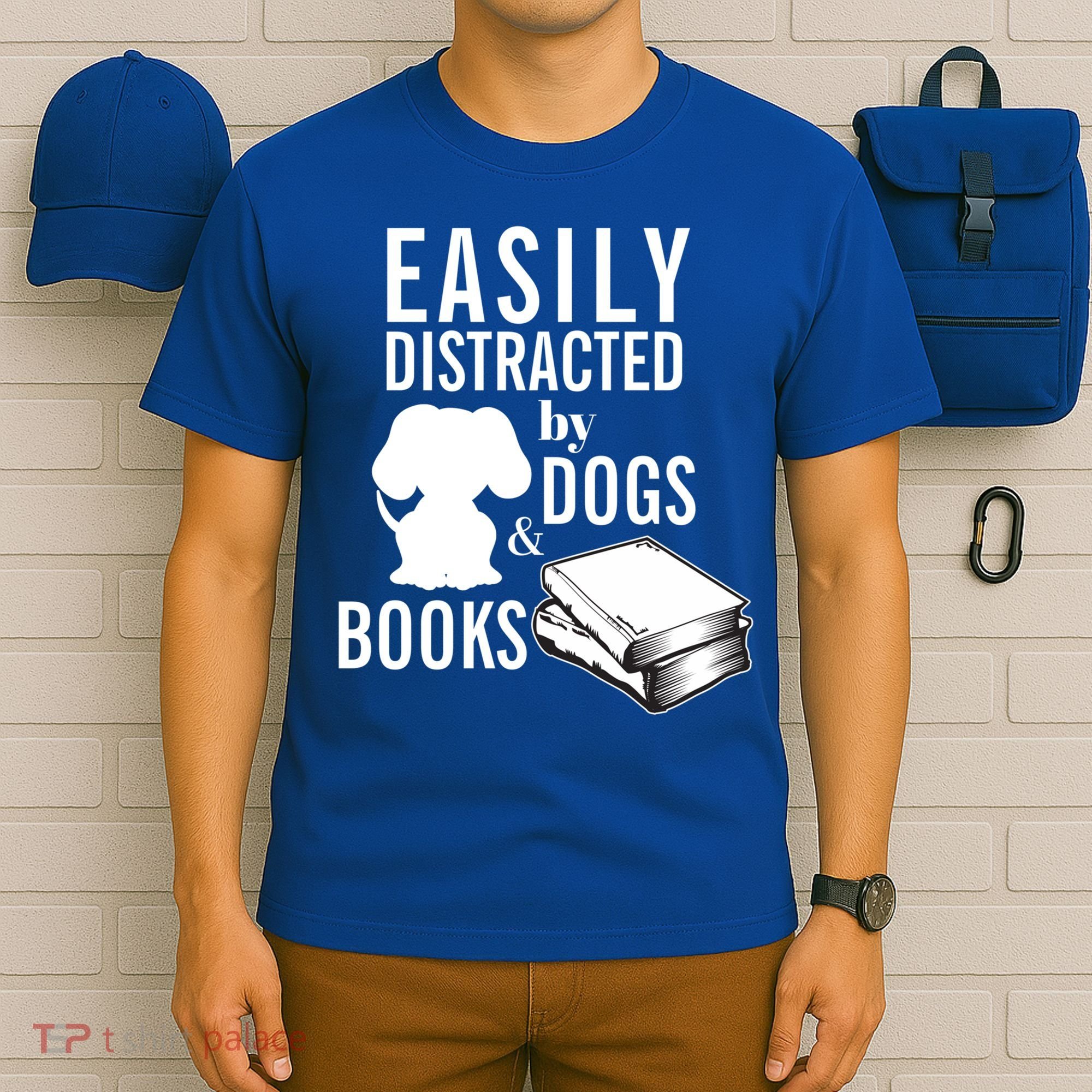 Library Themed Easily Distracted By Books And Dogs Gift T-Shirt