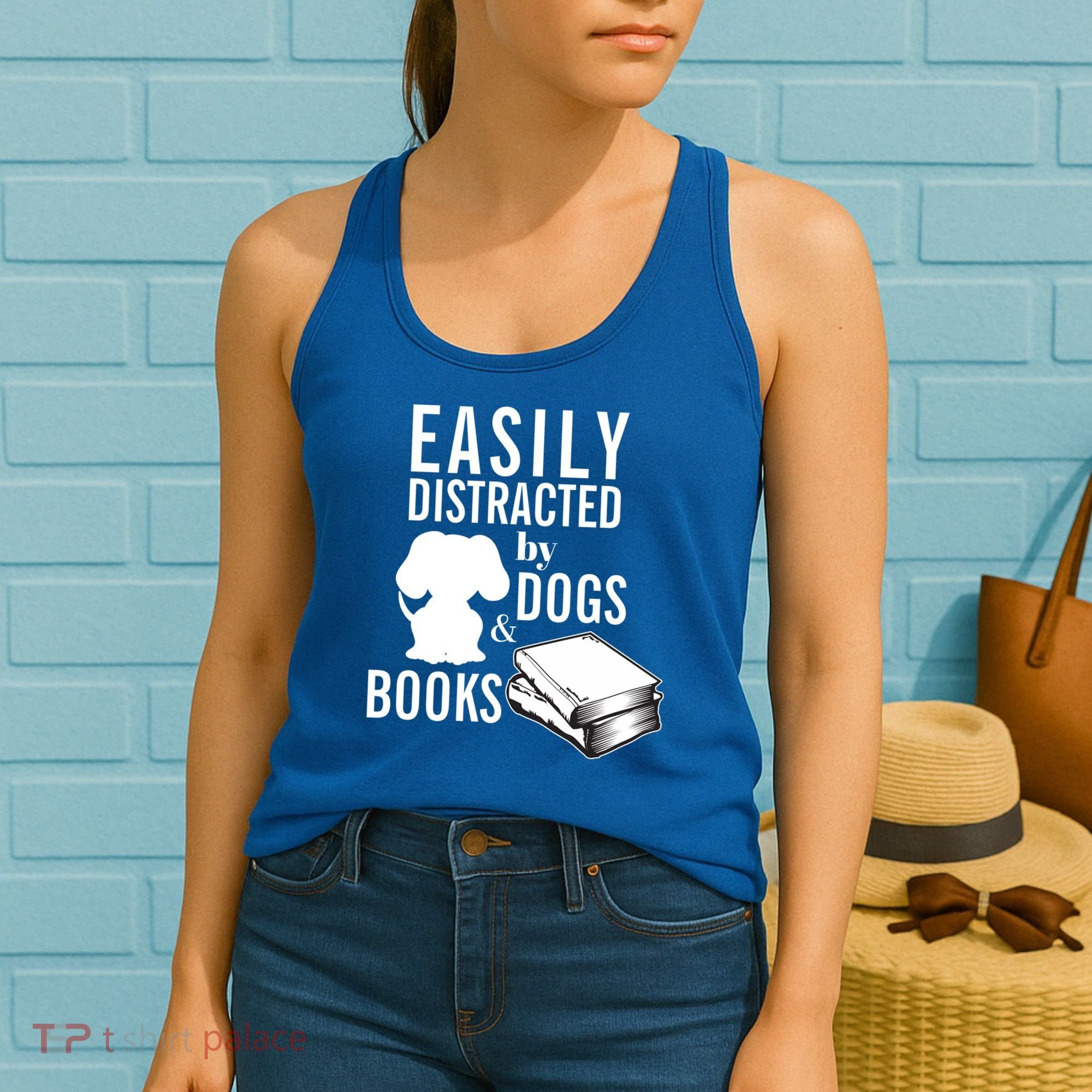 Library Themed Easily Distracted By Books And Dogs Gift Women's Tank Top