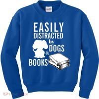 Library Themed Easily Distracted By Books And Dogs Gift Kids Sweatshirt thumb 0