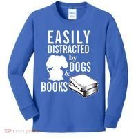 Library Themed Easily Distracted By Books And Dogs Gift Kids Long Sleeve Shirt thumb 0