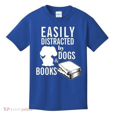 Library Themed Easily Distracted By Books And Dogs Gift Kids T-Shirt