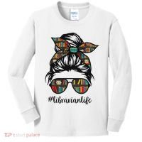 Librarian Teacher Messy Bun Life Book Library Back To School Kids Long Sleeve Shirt thumb 0