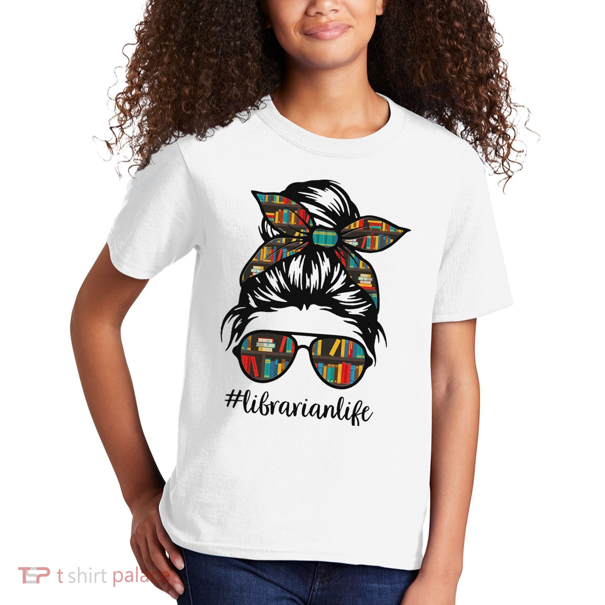 Librarian Teacher Messy Bun Life Book Library Back To School Kids T-Shirt