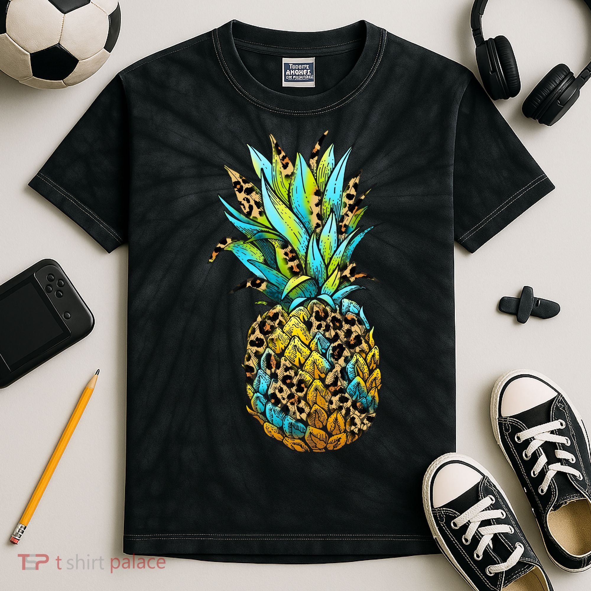 Leopard Tropical Pineapple Kids Tie-Dye T-Shirt