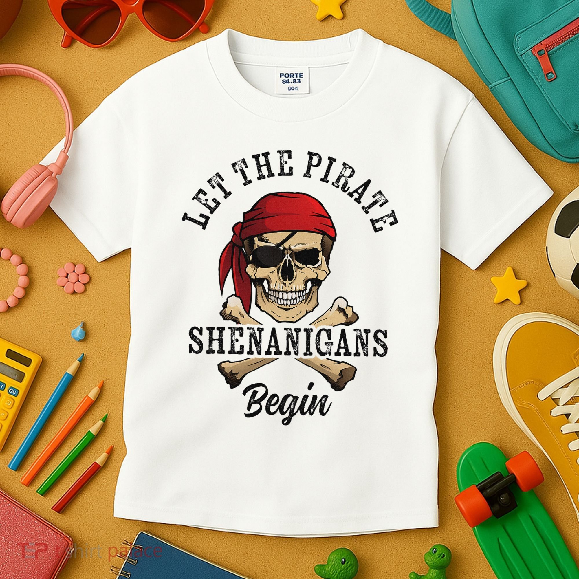 Let The Pirate Shenanigans Begin Funny Pirate Skull Skeleton Kids T-Shirt