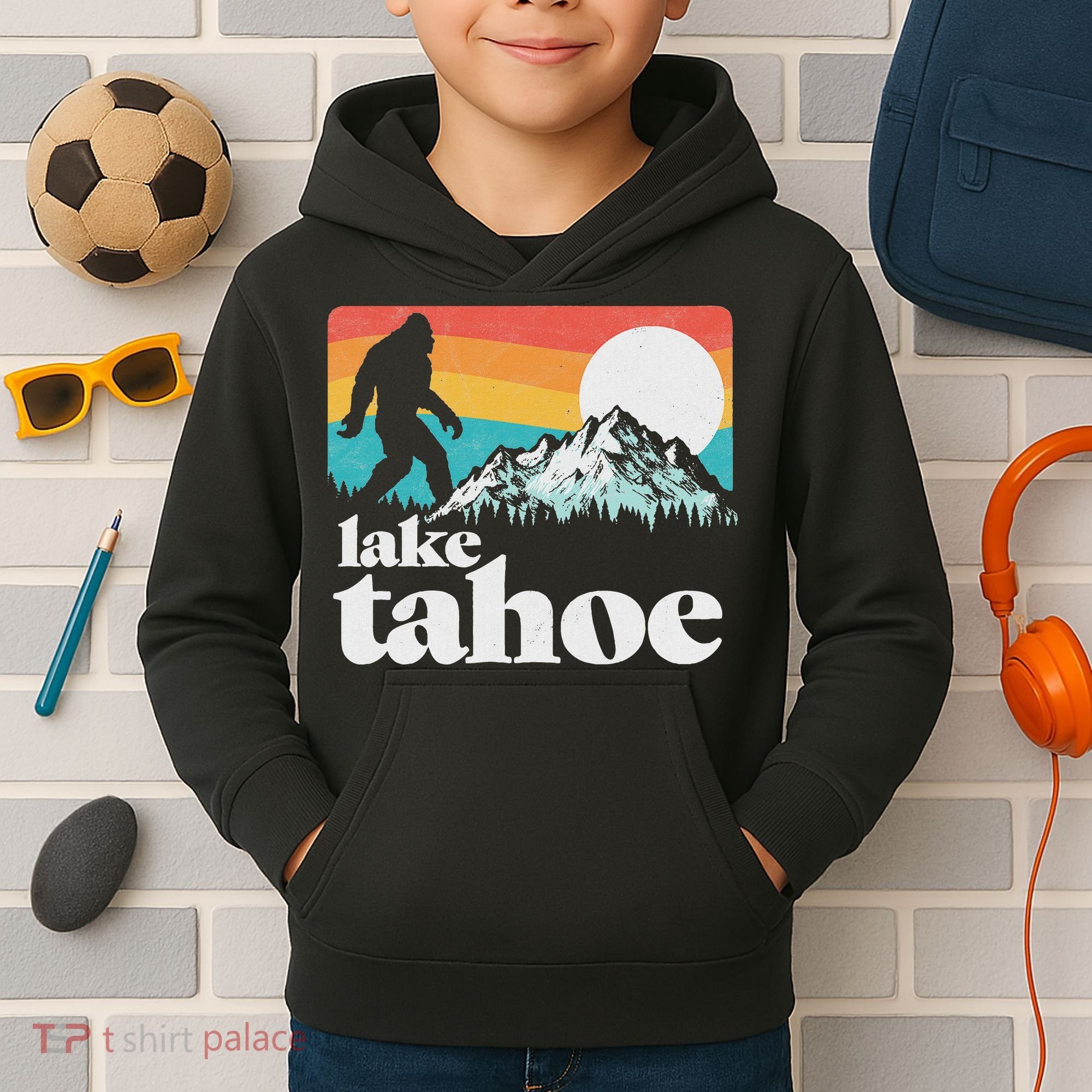 Lake Tahoe Retro Bigfoot Mountains Kids Hoodie