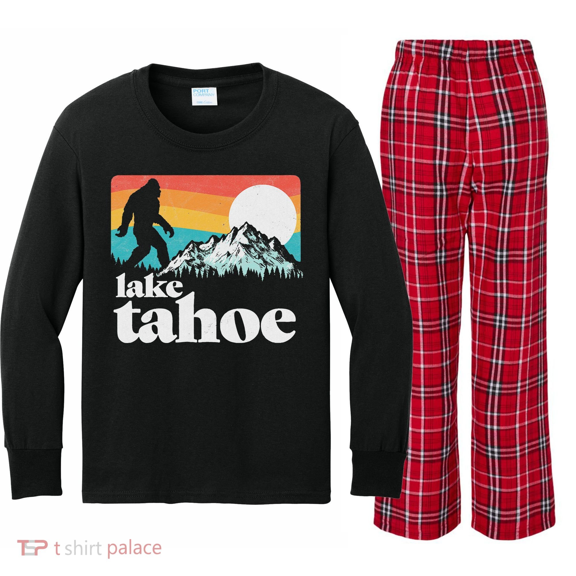 Lake Tahoe Retro Bigfoot Mountains Kids Long Sleeve Plaid Pajama Set