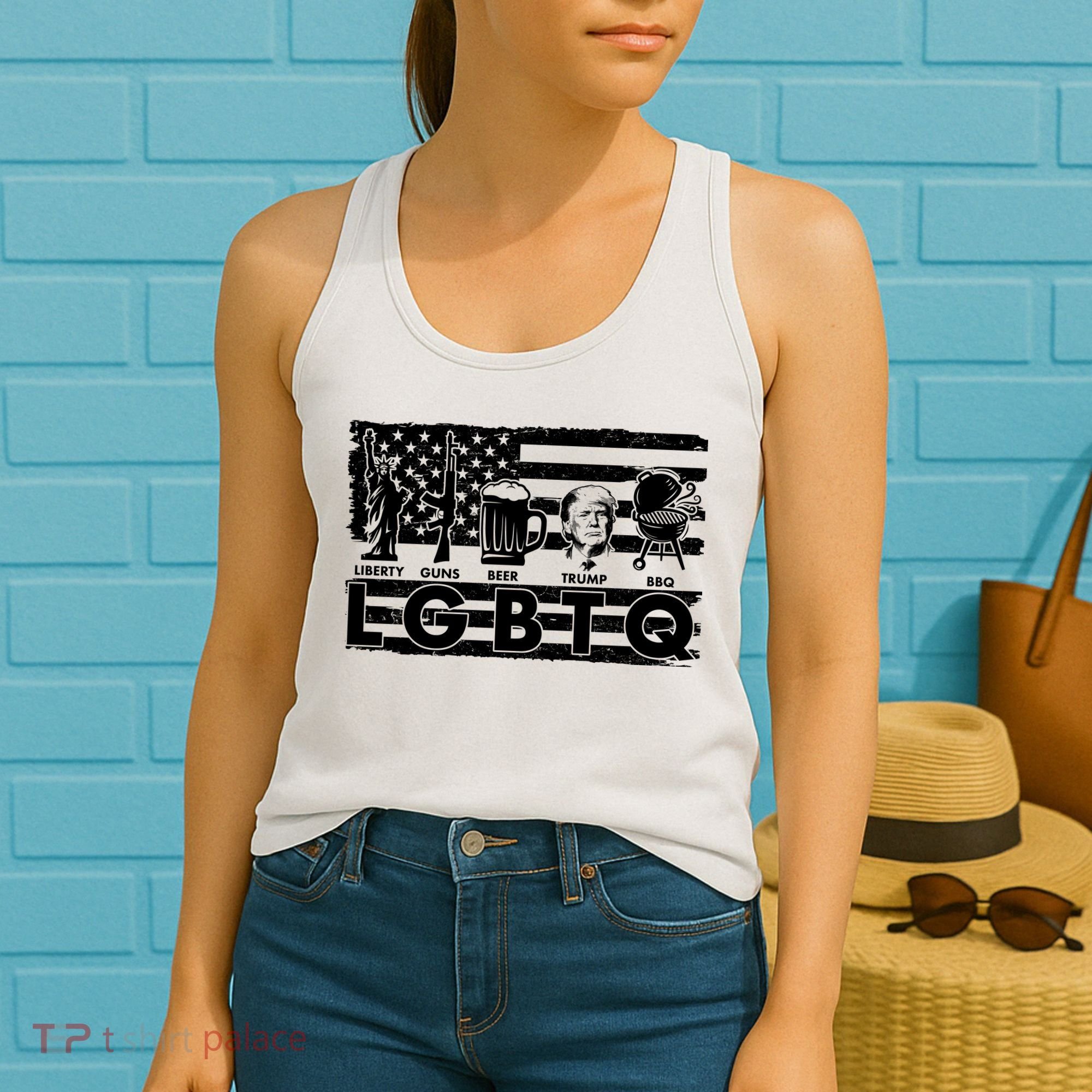 LGBTQ USA Flag Liberty Guns Beer Trump BBQ Women's Tank Top