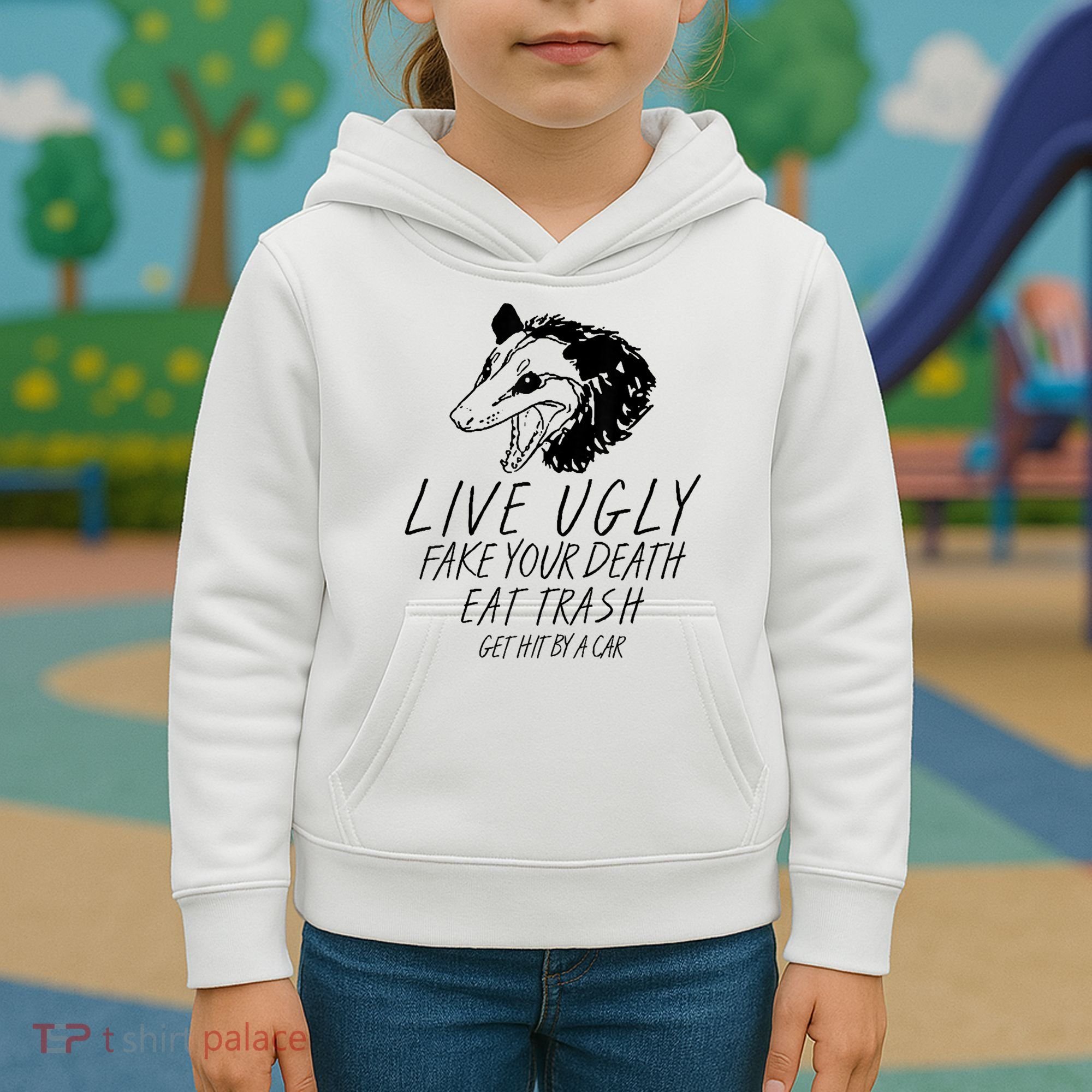 Live Ugly Fake Your Death Eat Trash Get Hit By A Car Opossum Kids Hoodie