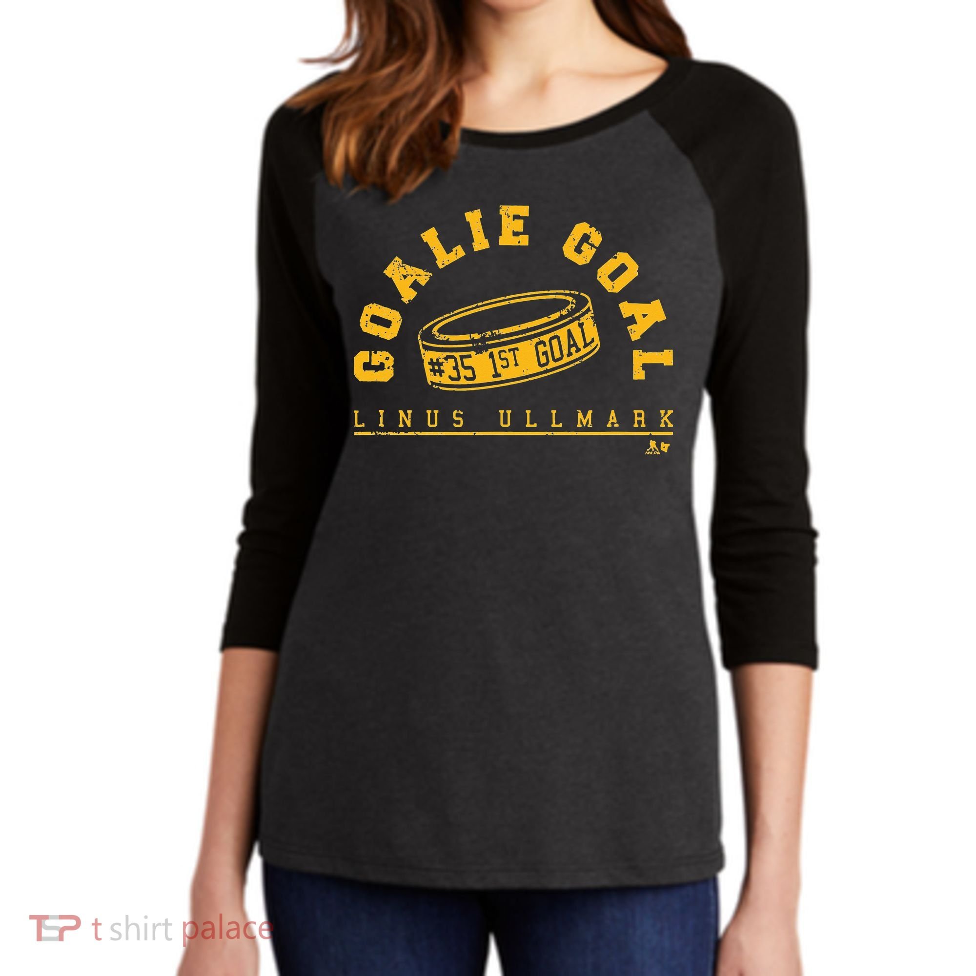 Linus Ullmark Goalie Goal Boston Hockey Women's Tri-Blend 3/4-Sleeve Raglan Shirt