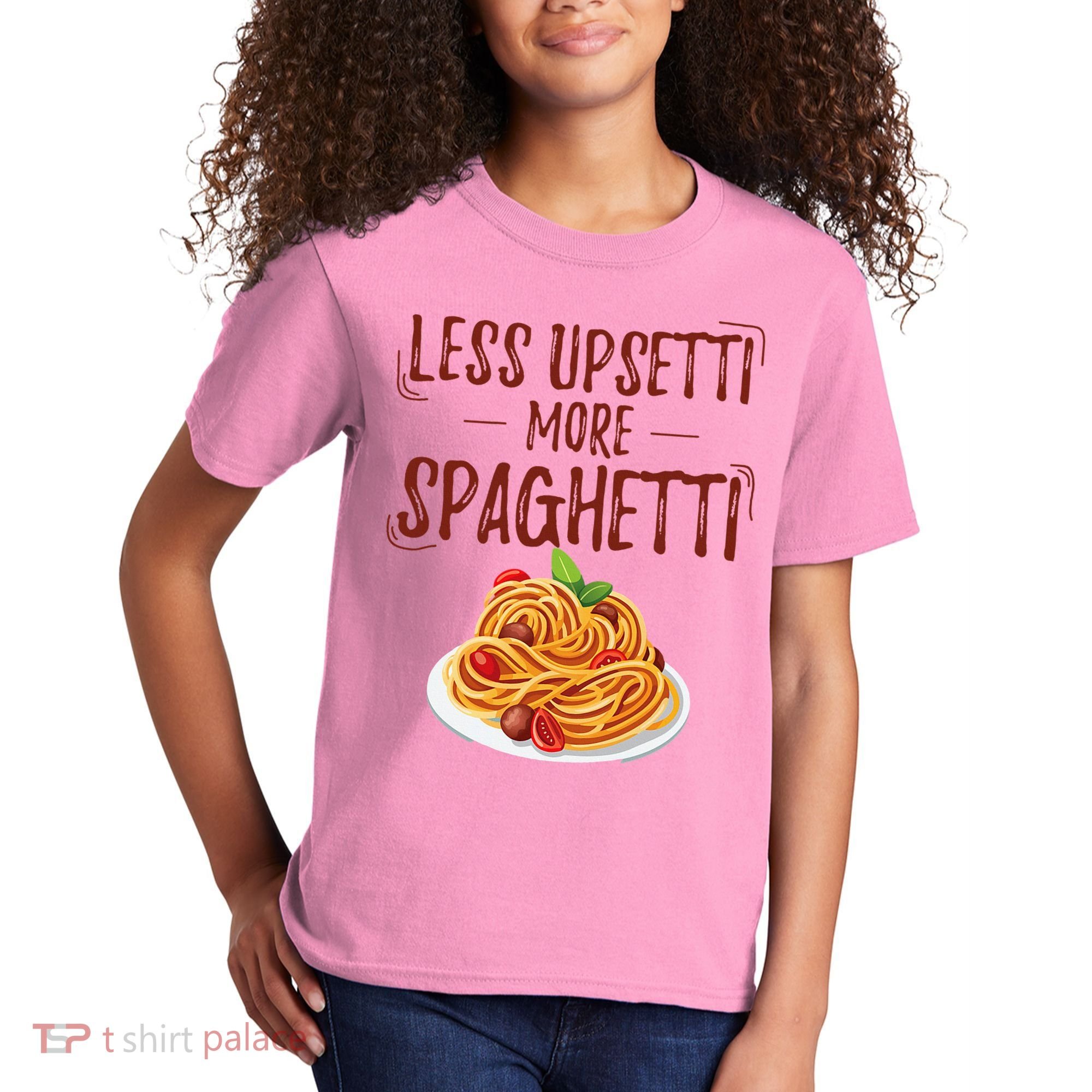 Less Upsetti More Spaghetti Pasta Lover Kids T-Shirt