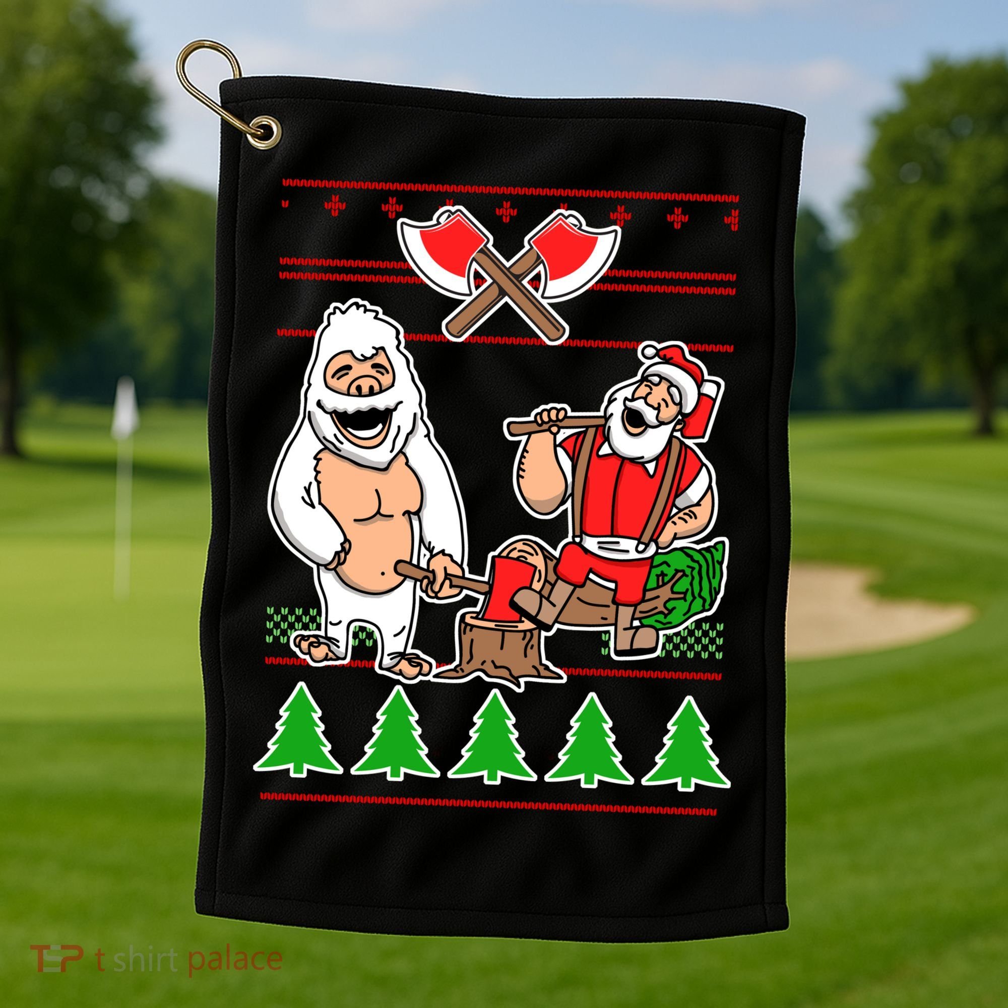 Lumberjack Santa Ugly Christmas Sweater Golf Towel