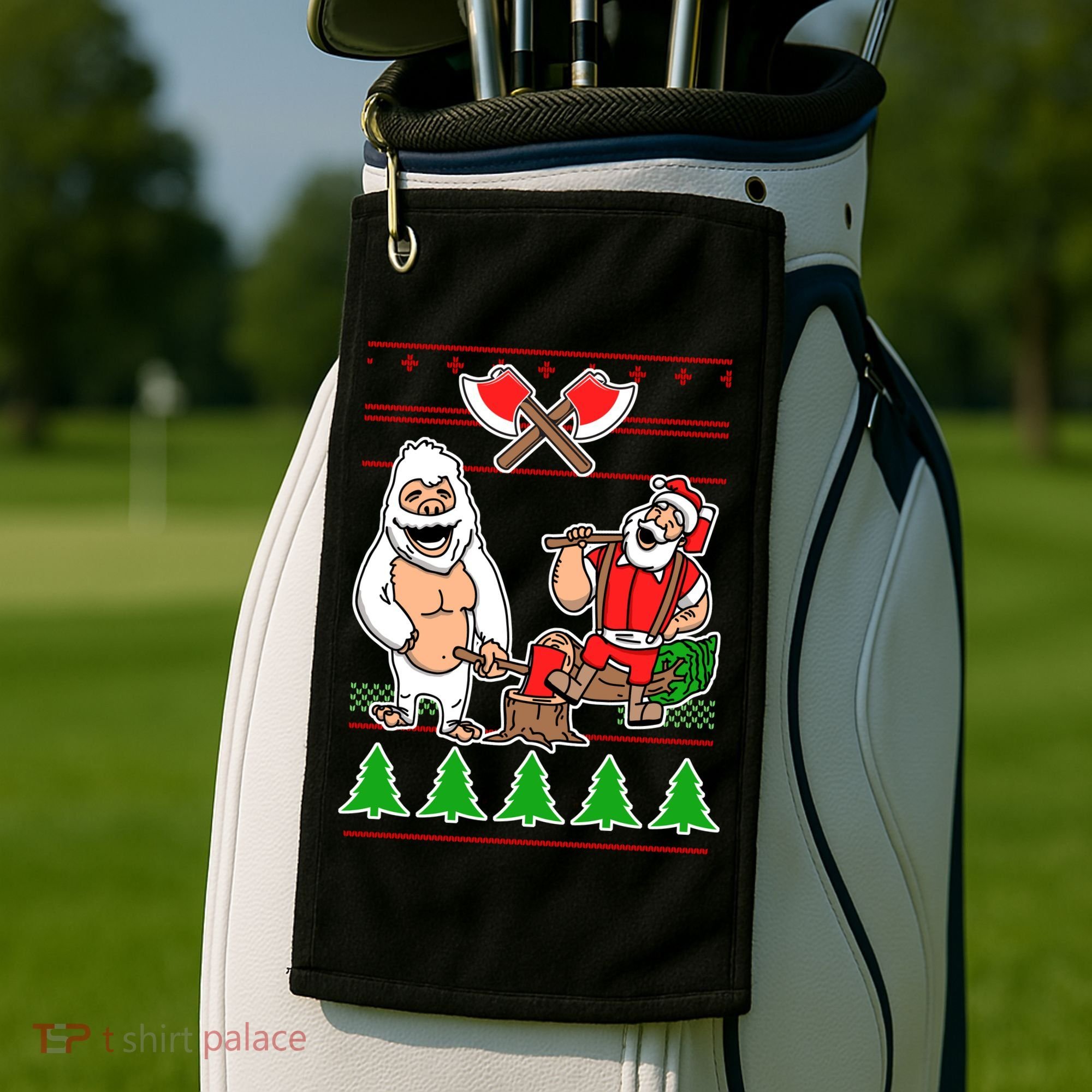 Lumberjack Santa Ugly Christmas Sweater Golf Towel