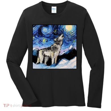 Lupine Night Wolf Painting Women's Long Sleeve Shirt