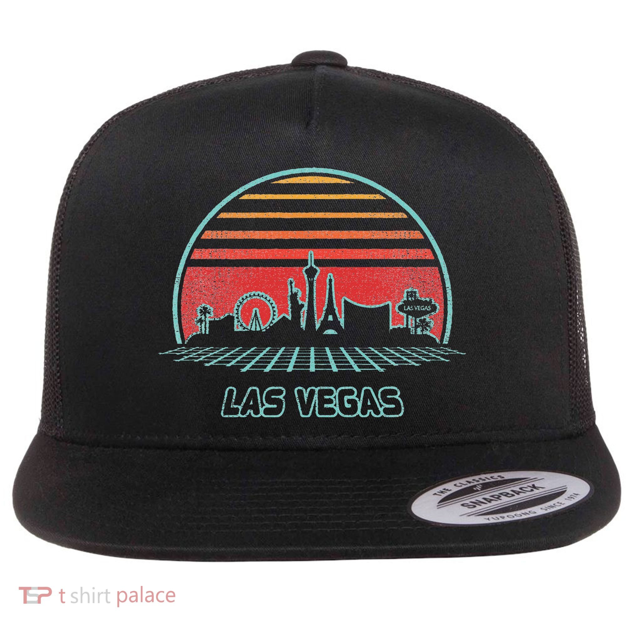 Las Vegas City Skyline Retro 80s Style Flat Bill Trucker Hat